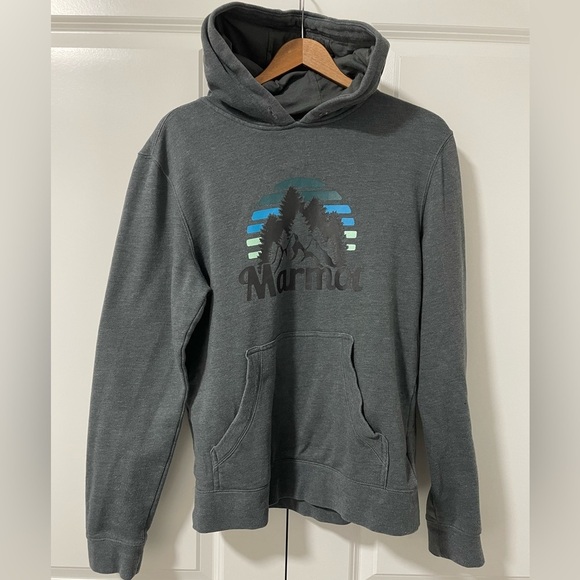 MARMOT-Hooded Sweatshirt small Gray Graphic Print Hoodie Pullover - Picture 1 of 3